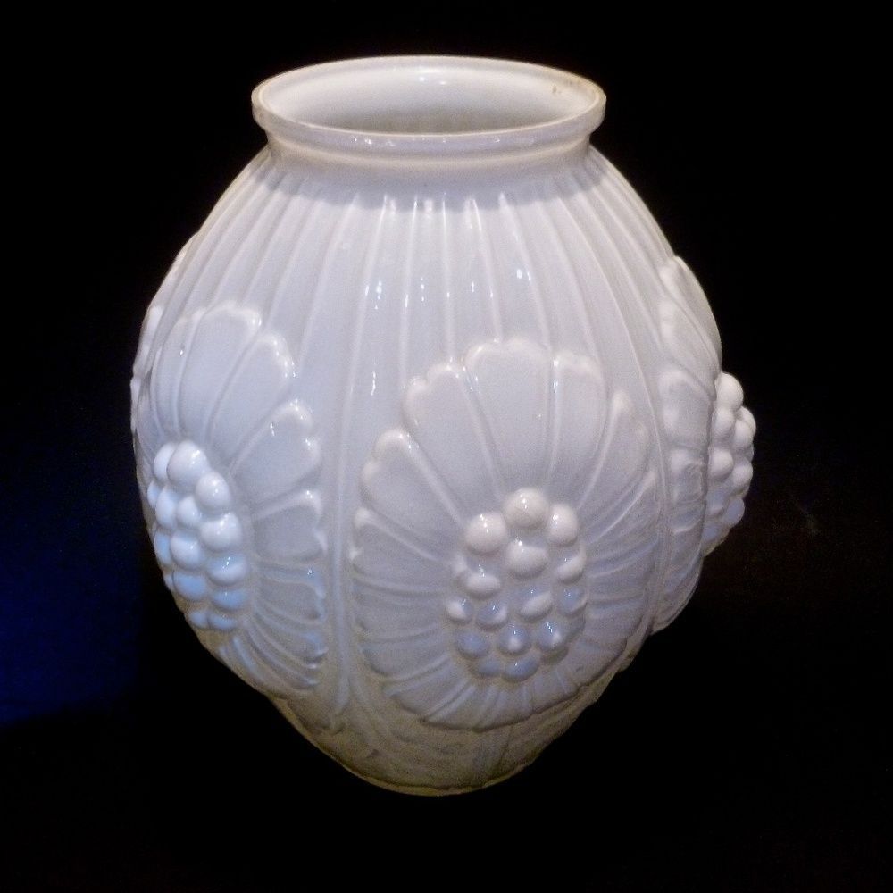 Vintage White Hobnail Glass Vase, Embossed, Large